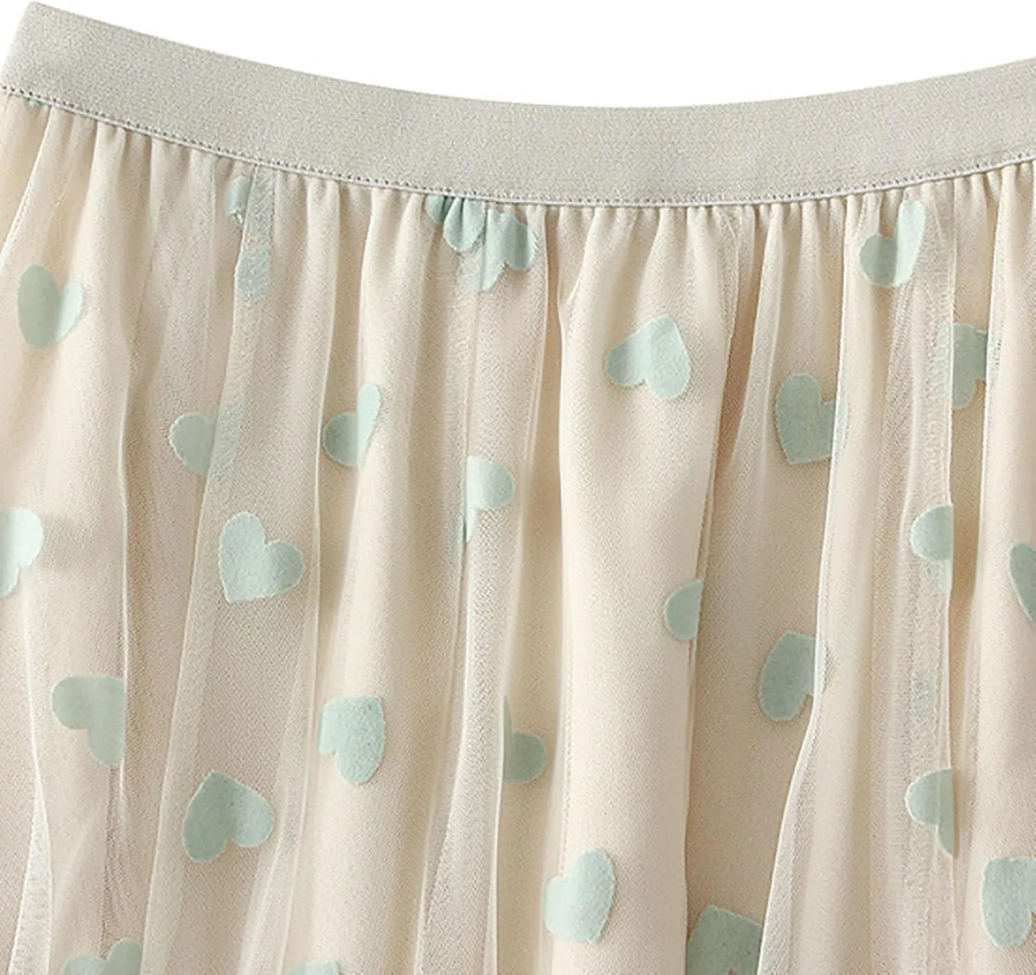 Women's Heart Print Mesh Pleated Midi Skirt High Waist A-Line Flowy Tulle Layered Long Skirts