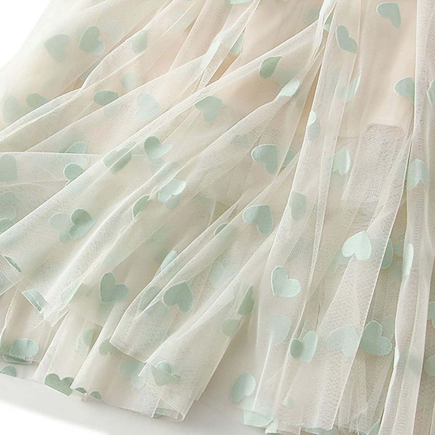 Women's Heart Print Mesh Pleated Midi Skirt High Waist A-Line Flowy Tulle Layered Long Skirts