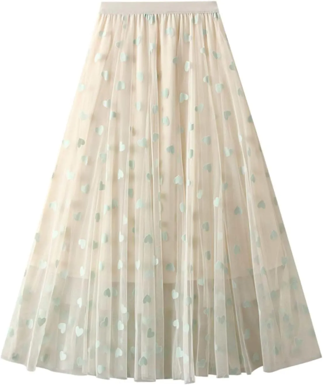 Women's Heart Print Mesh Pleated Midi Skirt High Waist A-Line Flowy Tulle Layered Long Skirts