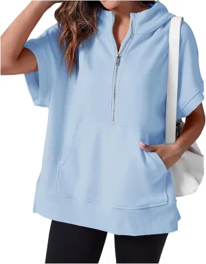 Womens Oversized Half Zip Hoodies Short Sleeve Casual Sweatshirts Loose Fit Pullover Tops with Pockets 2024
