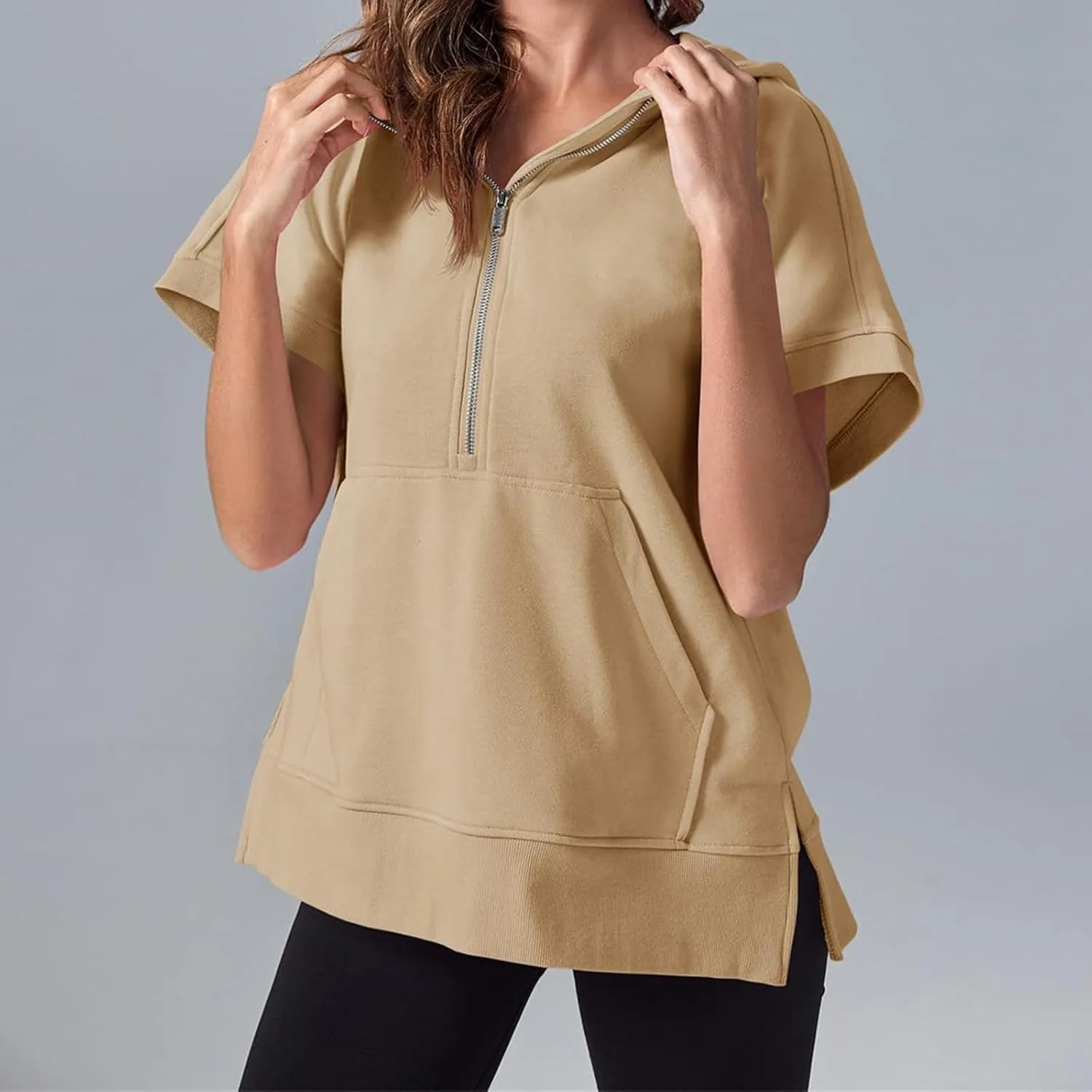 Womens Oversized Half Zip Hoodies Short Sleeve Casual Sweatshirts Loose Fit Pullover Tops with Pockets 2024