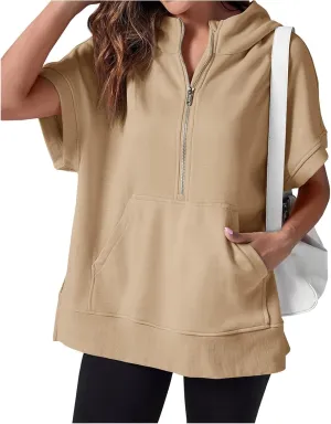 Womens Oversized Half Zip Hoodies Short Sleeve Casual Sweatshirts Loose Fit Pullover Tops with Pockets 2024