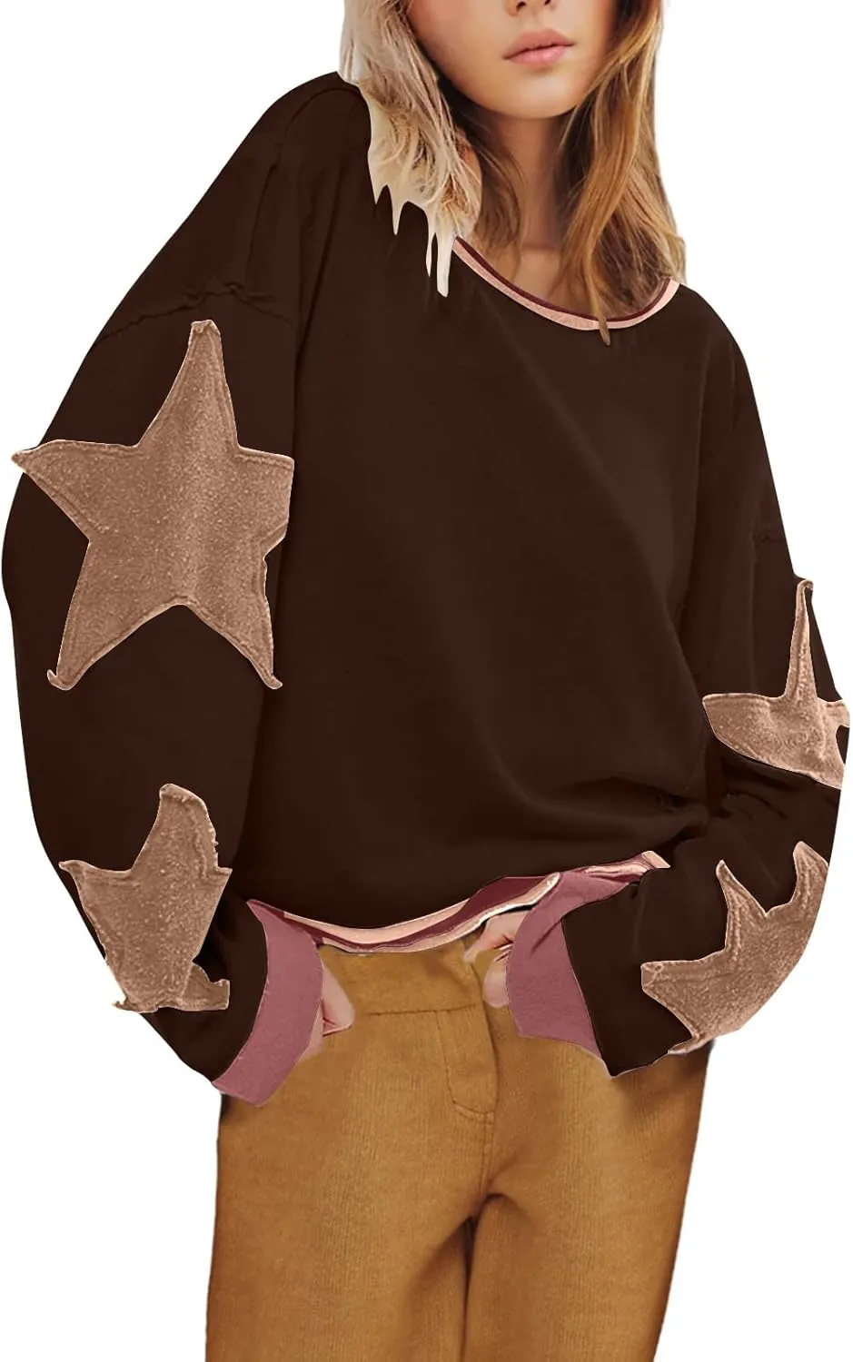 Womens Oversized Star Hoodies Long Sleeve Casual Shirts Drop Shoulder Vintage Graphic Pullover Sweatshirt Y2k Tops