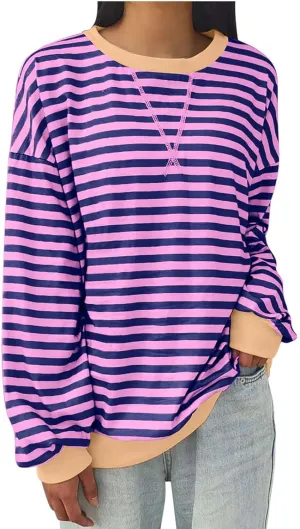 Women's Oversized Striped Color Block Sweatshirts Tops Long Sleeve Crewneck Baggy Y2k Preppy Pullover Shirt Blouse