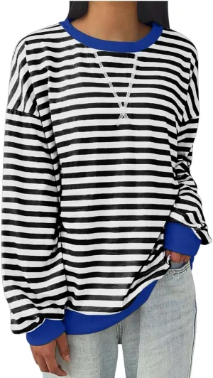 Women's Oversized Striped Color Block Sweatshirts Tops Long Sleeve Crewneck Baggy Y2k Preppy Pullover Shirt Blouse
