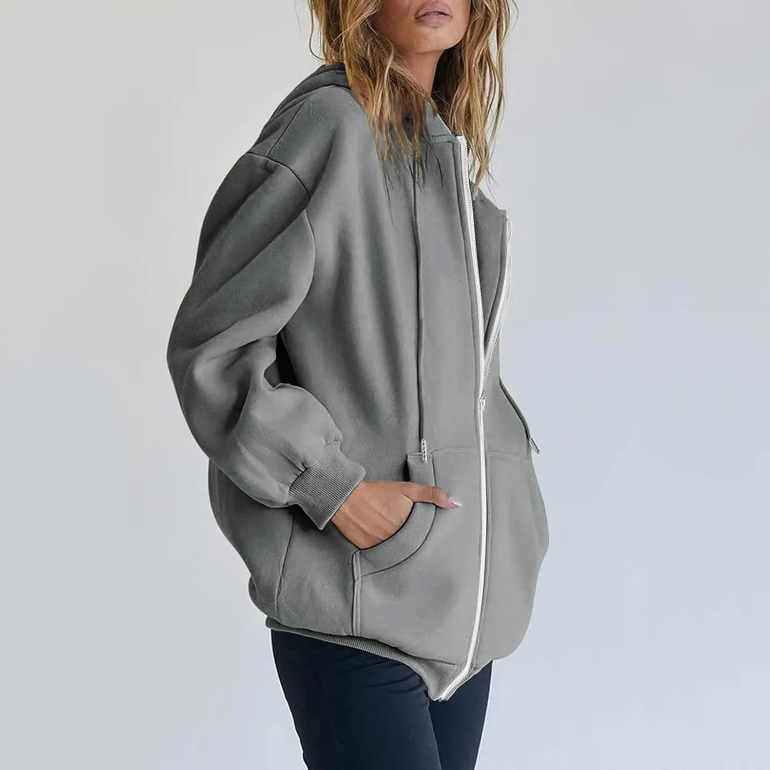 Womens Oversized Zip Up Hoodies Long Sleeve Fall Casual Sweatshirts Jacket Trendy Y2k Hoodie with Pocket, Medium