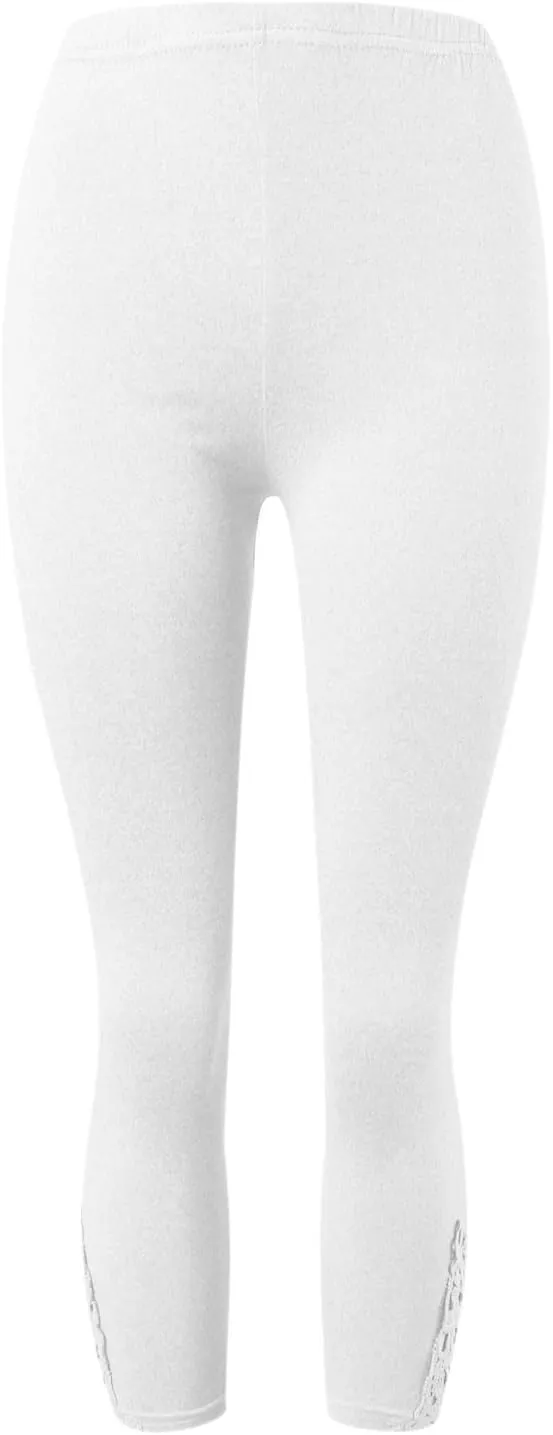 Womens Pants Casual High Waist Lace Trim Leggings Stretchy Slim Fit Trousers Thin Fabric for Layering and Outwear