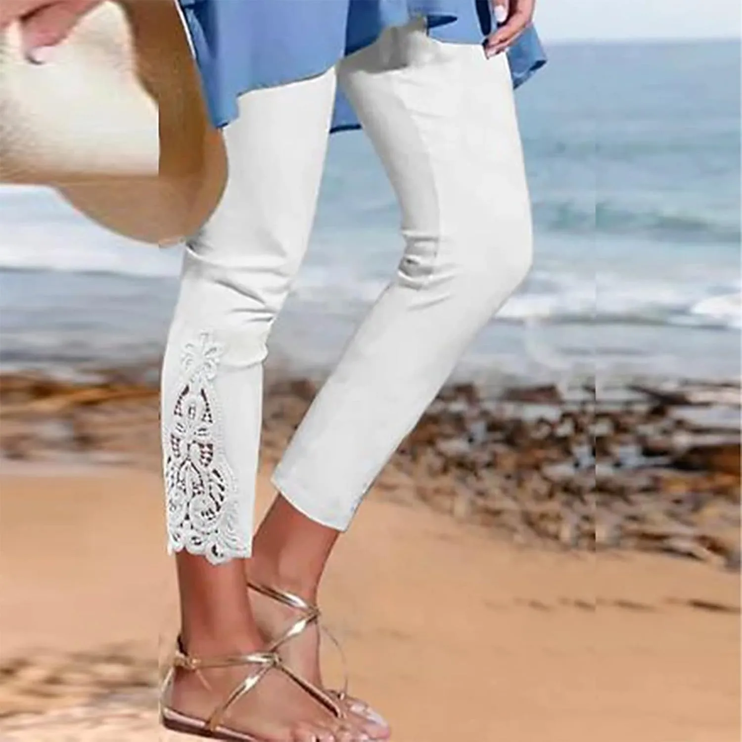 Womens Pants Casual High Waist Lace Trim Leggings Stretchy Slim Fit Trousers Thin Fabric for Layering and Outwear