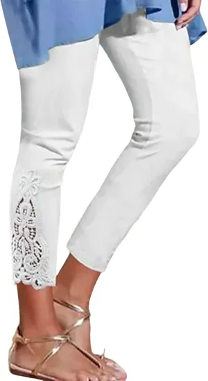 Womens Pants Casual High Waist Lace Trim Leggings Stretchy Slim Fit Trousers Thin Fabric for Layering and Outwear