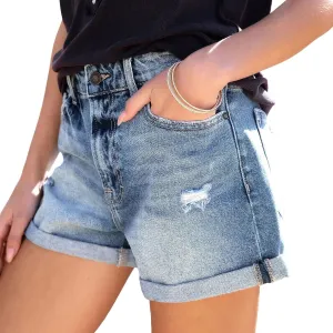 Women's Ripped Jean Shorts High Waisted Casual Stretchy Trendy Summer Baggy Girls Distressed Folded Hem Denim Shorts