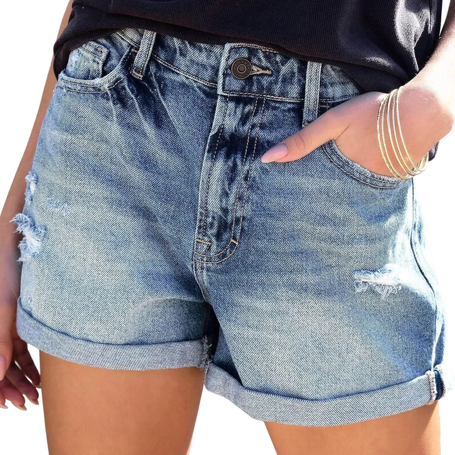 Women's Ripped Jean Shorts High Waisted Casual Stretchy Trendy Summer Baggy Girls Distressed Folded Hem Denim Shorts