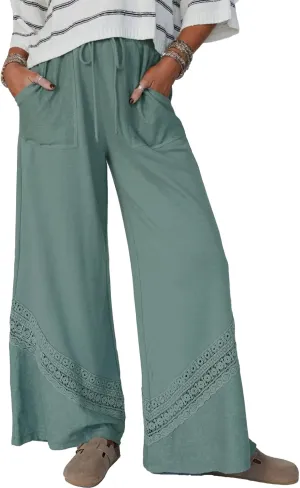 Womens Wide Leg Pants Casual Hollow Out Loose Lounge Pants Summer Palazzo Pant Trousers with Pockets 2025