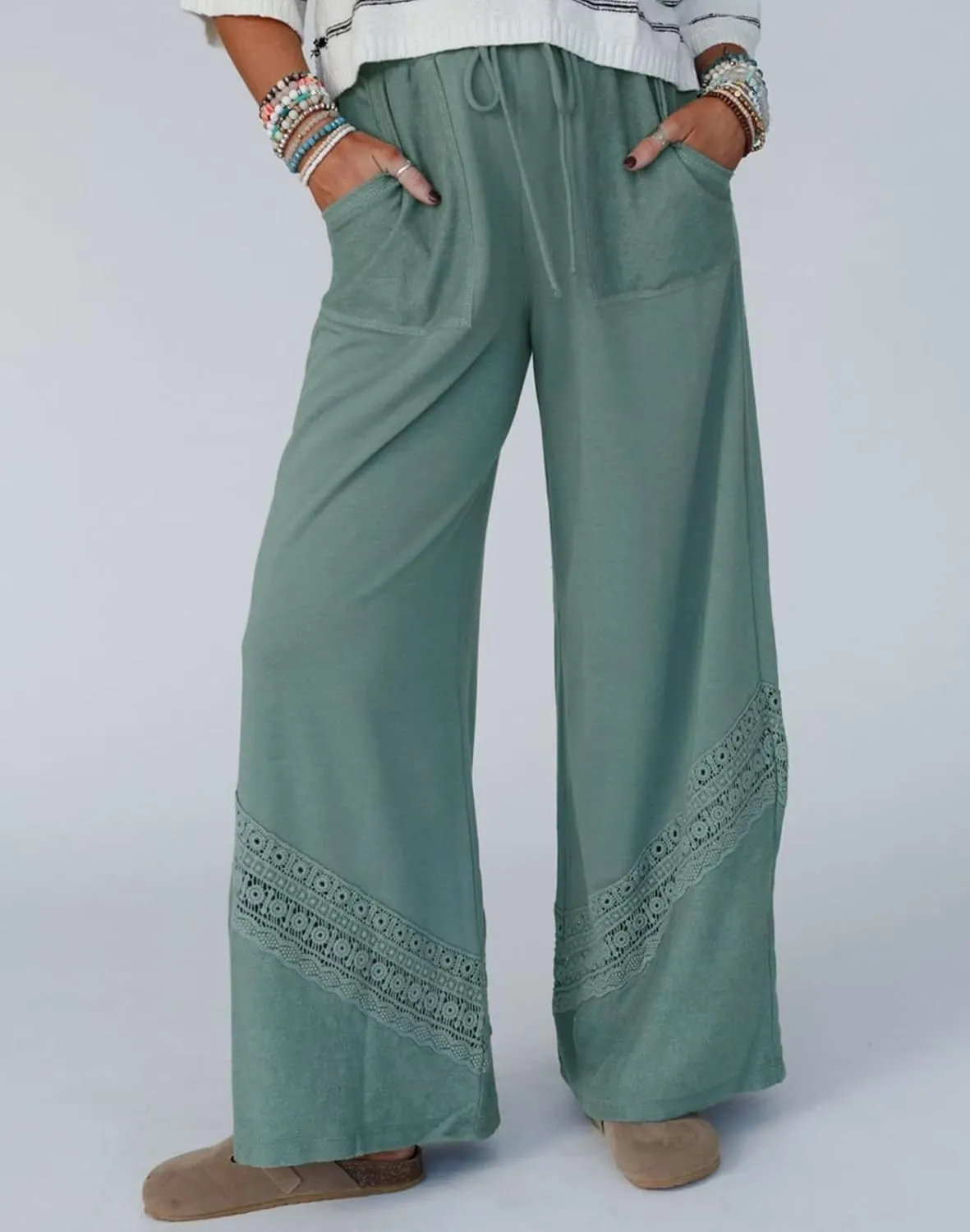 Womens Wide Leg Pants Casual Hollow Out Loose Lounge Pants Summer Palazzo Pant Trousers with Pockets 2025