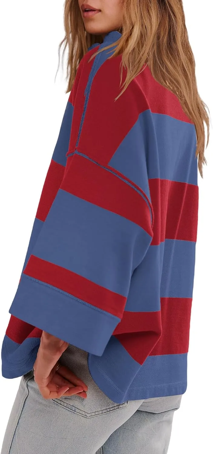 Yanekop Womens Oversized Striped Shirt Half Zip Sweatshirt Color Block V Neck Top Casual Loose Pullover Y2k