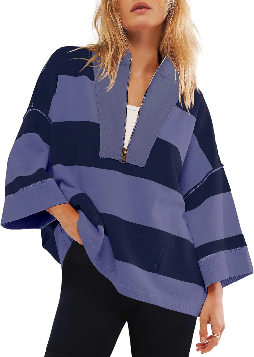 Yanekop Womens Oversized Striped Shirt Half Zip Sweatshirt Color Block V Neck Top Casual Loose Pullover Y2k