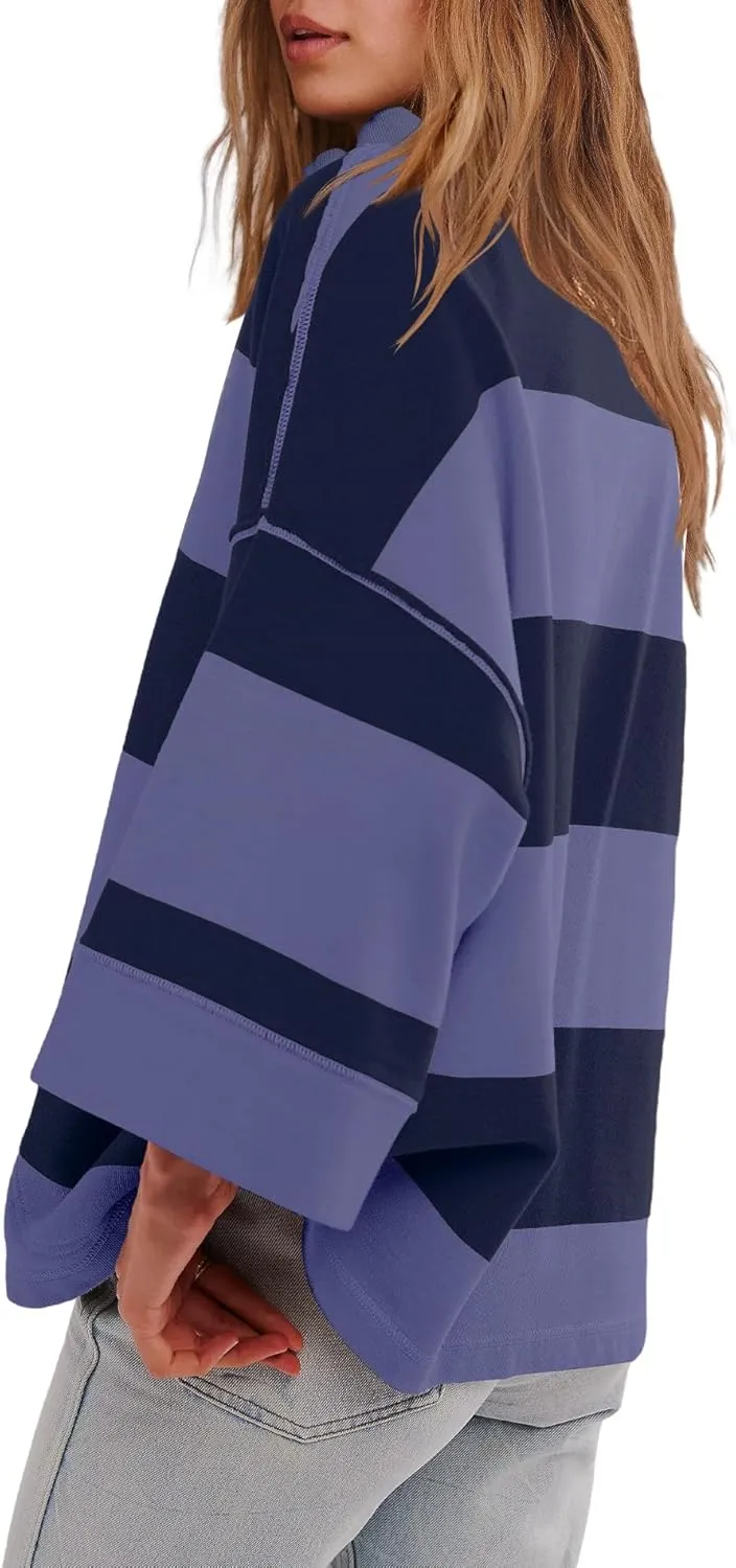 Yanekop Womens Oversized Striped Shirt Half Zip Sweatshirt Color Block V Neck Top Casual Loose Pullover Y2k