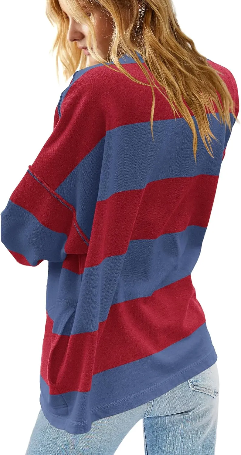 Yanekop Womens Oversized Striped Shirt Half Zip Sweatshirt Color Block V Neck Top Casual Loose Pullover Y2k
