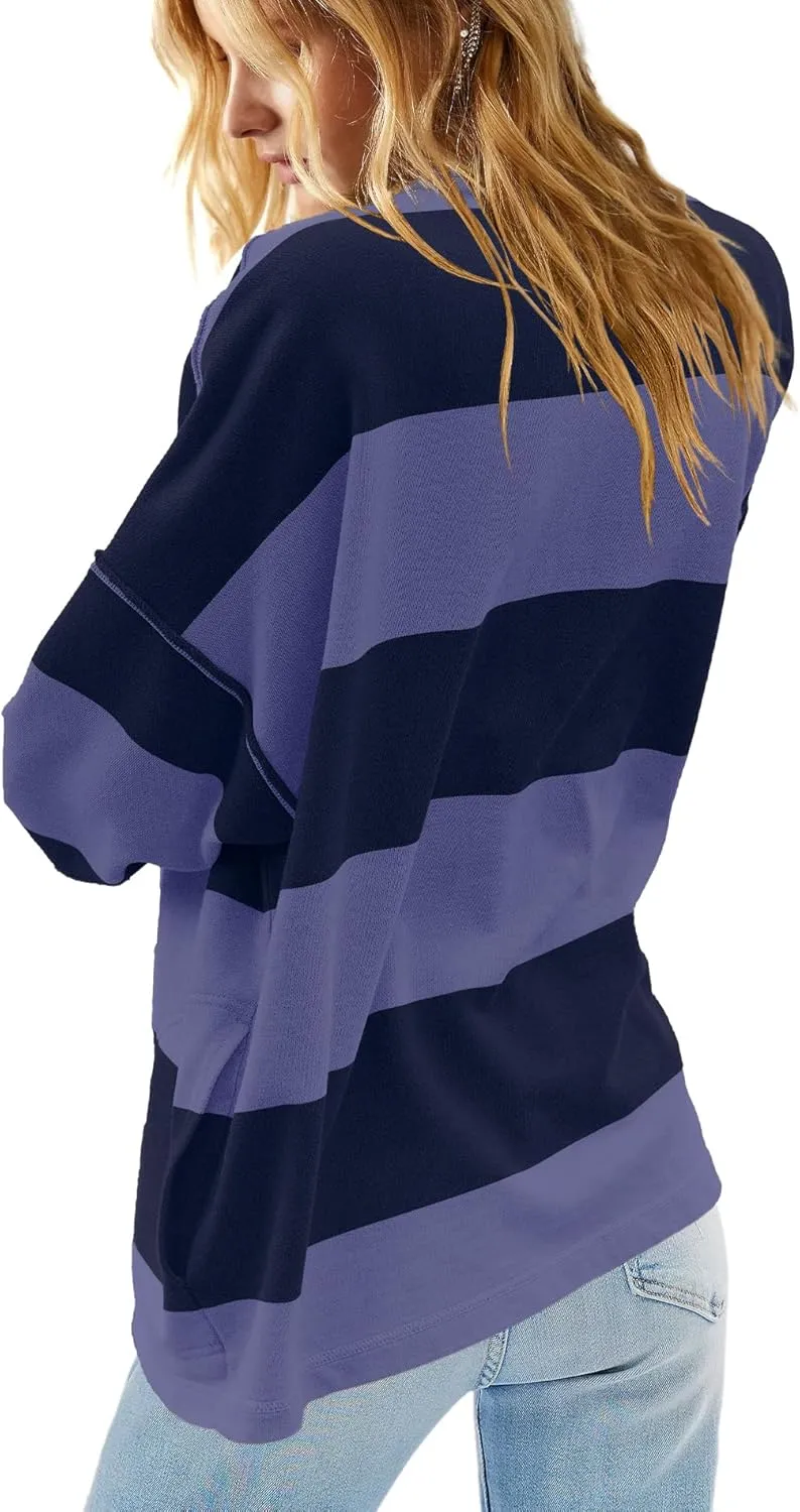 Yanekop Womens Oversized Striped Shirt Half Zip Sweatshirt Color Block V Neck Top Casual Loose Pullover Y2k