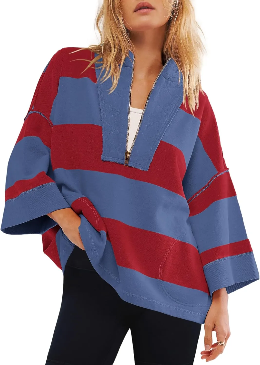Yanekop Womens Oversized Striped Shirt Half Zip Sweatshirt Color Block V Neck Top Casual Loose Pullover Y2k