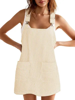 Yousify Womens Casual Denim Dress Summer Striped Overalls Romper Adjustable Straps Sleeveless Jean Dresses with Pockets